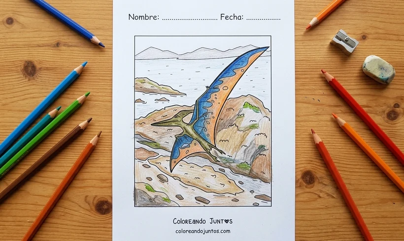 Drawing of a pterodactyl gliding over an island colored with colored pencils