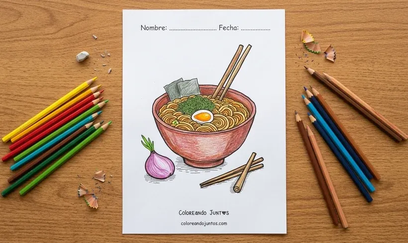 Drawing of a bowl of ramen with egg colored with colored pencils