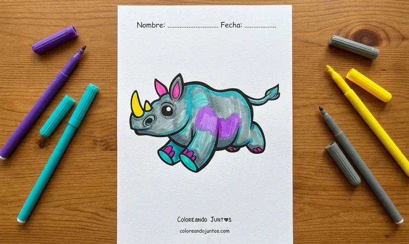 Drawing of a cartoon rhino running colored with markers