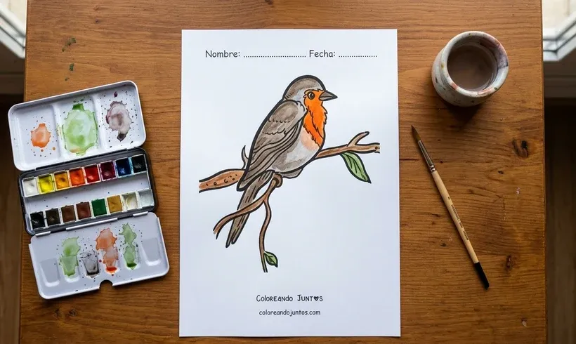 Drawing of a robin perched on a branch colored with watercolors