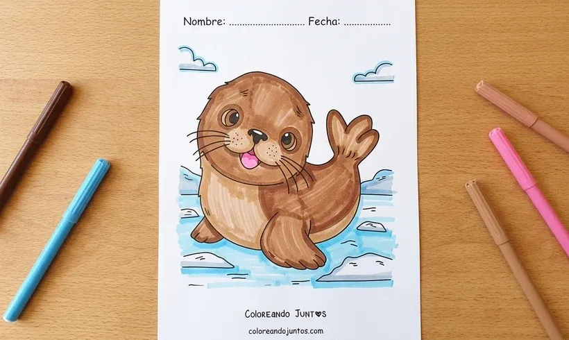 Drawing of a harp seal pup colored with markers