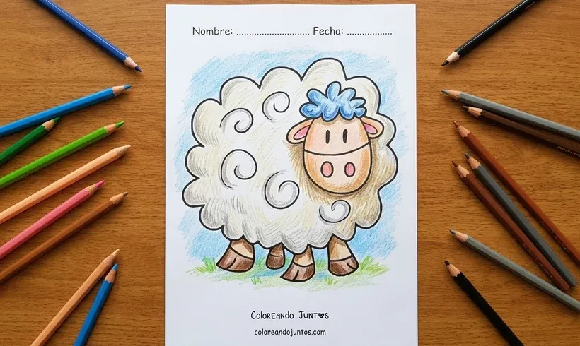 Drawing of a cartoon sheep with curly wool and a big smile, colored with colored pencils