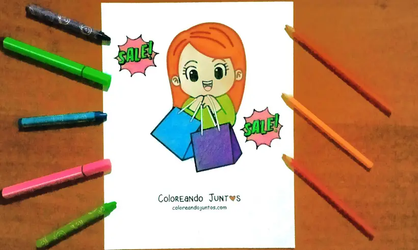 Drawing of a girl shopping colored by Coloring Together