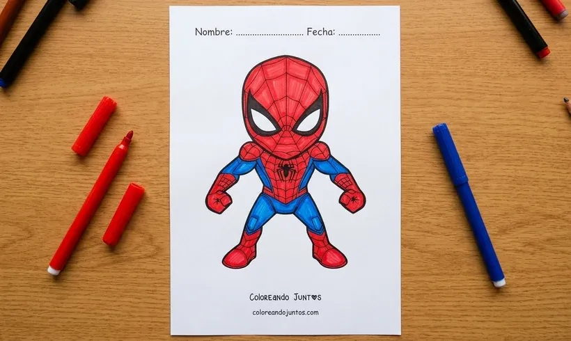 Drawing of Spider-Man standing colored with markers
