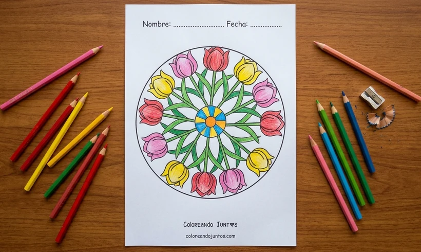 Spring mandala with tulips colored with colored pencils