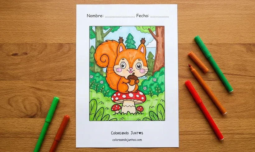 Drawing of a squirrel sitting on a mushroom eating an acorn, colored with markers