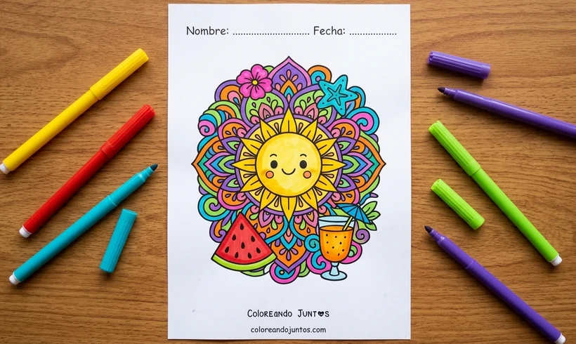 Summer mandala with a smiling sun and watermelon colored with markers