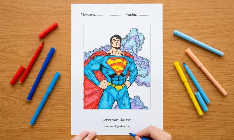 Drawing of Superman standing with his hands on his hips colored with markers