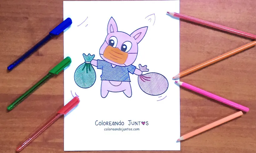 Drawing of a cartoon pig taking out the trash colored by Coloring Together