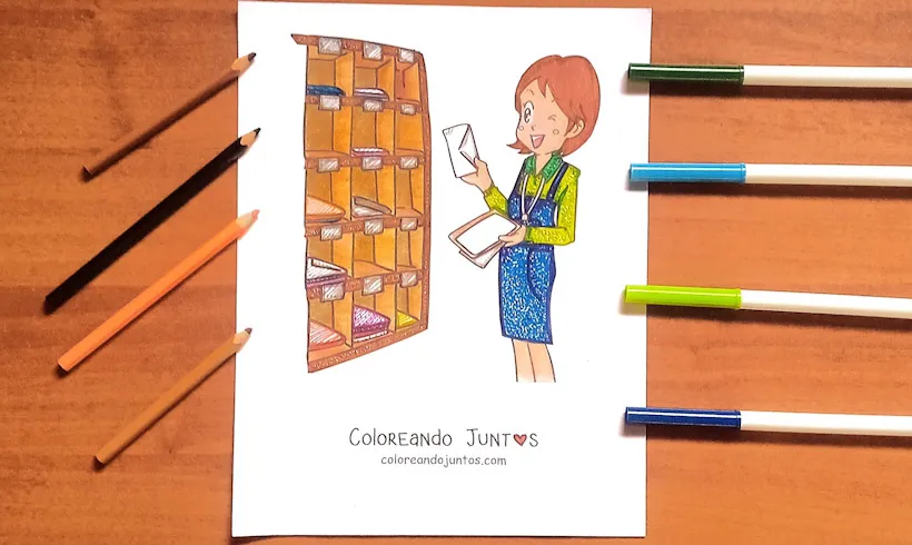 Drawing of a woman at the post office, colored by Coloring Together