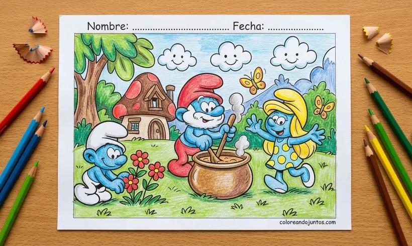 Drawing of Papa Smurf and his cauldron colored with colored pencils