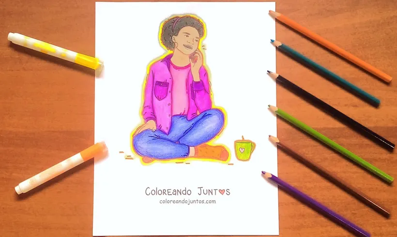 Drawing of a girl talking on the phone, colored by Coloring Together