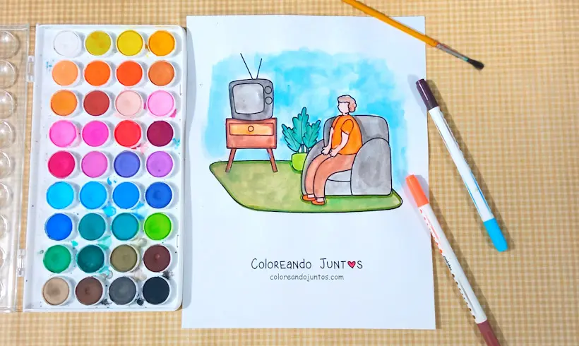 Drawing of a man watching television colored by Coloring Together