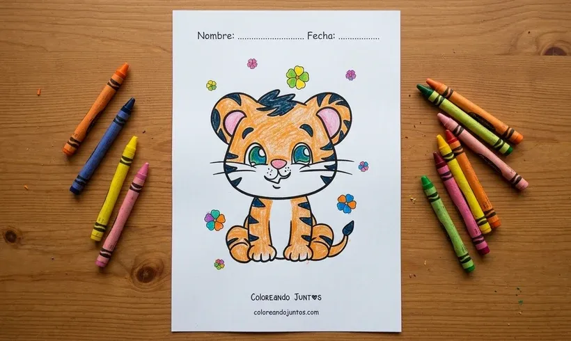 Drawing of a baby tiger among flowers colored with crayons