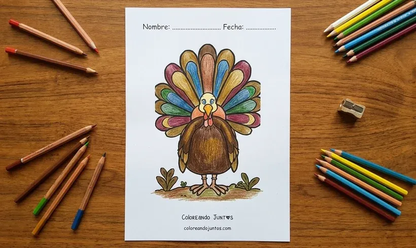 Drawing of a turkey with its tail feathers fanned out colored with colored pencils