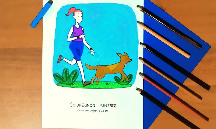Drawing of a girl walking her dog colored by Coloring Together