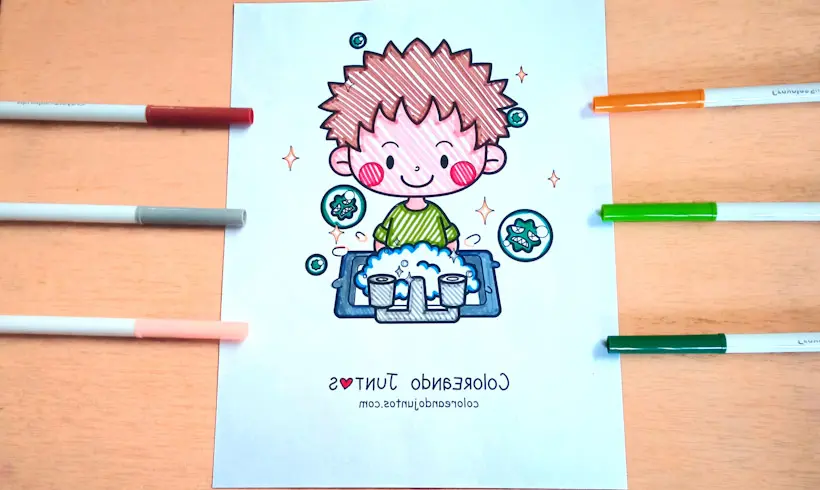 Drawing of a boy washing his hands, colored by Coloring Together