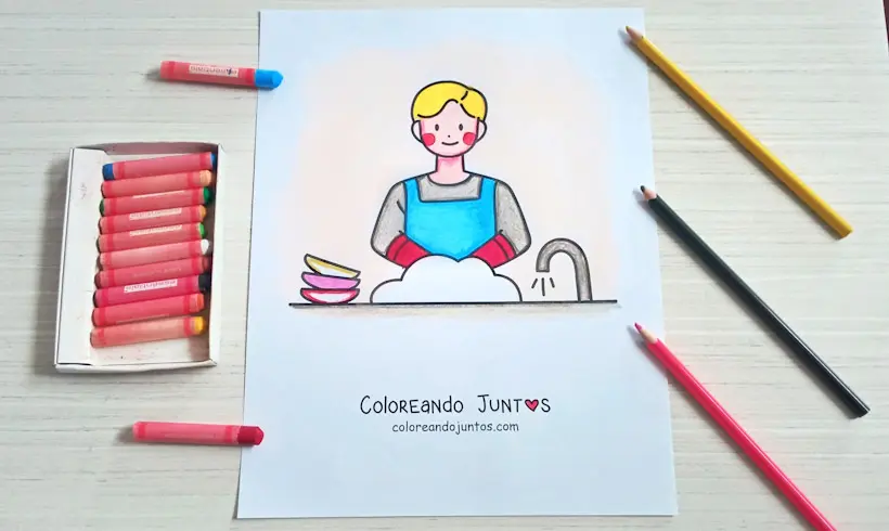 Drawing of a woman washing the dishes colored by Coloring Together