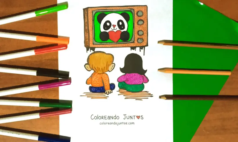 Drawing of children watching television colored by Coloring Together
