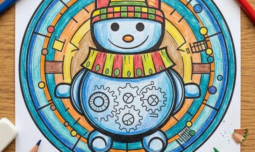 Winter mandala with a snowman colored with colored pencils