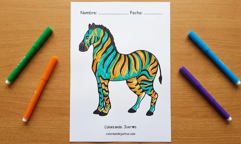 Coloring page of a zebra standing, colored with markers