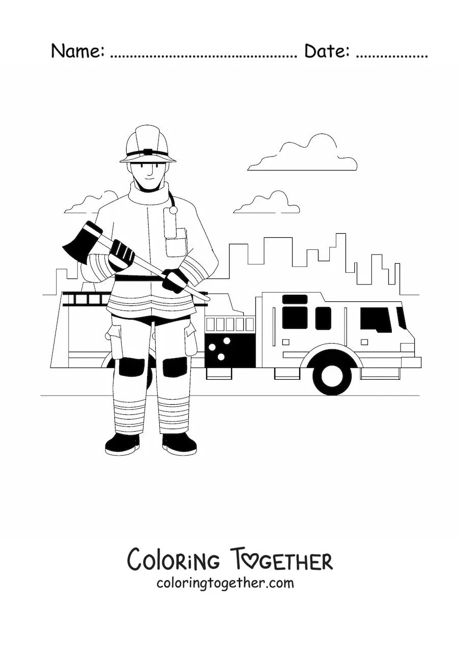 Coloring page of a firefighter in the city next to a truck