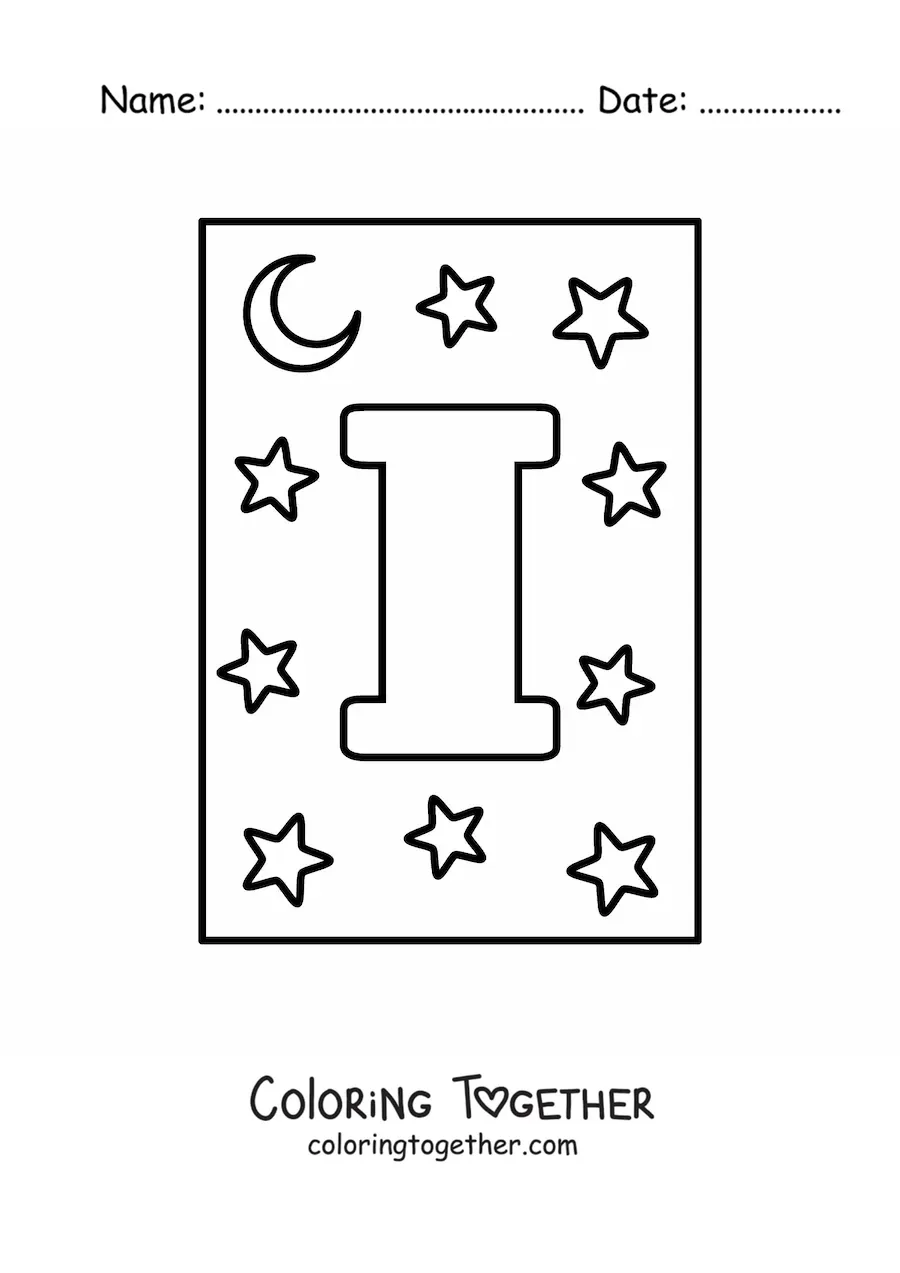 Coloring page of the capital letter i with stars and a moon