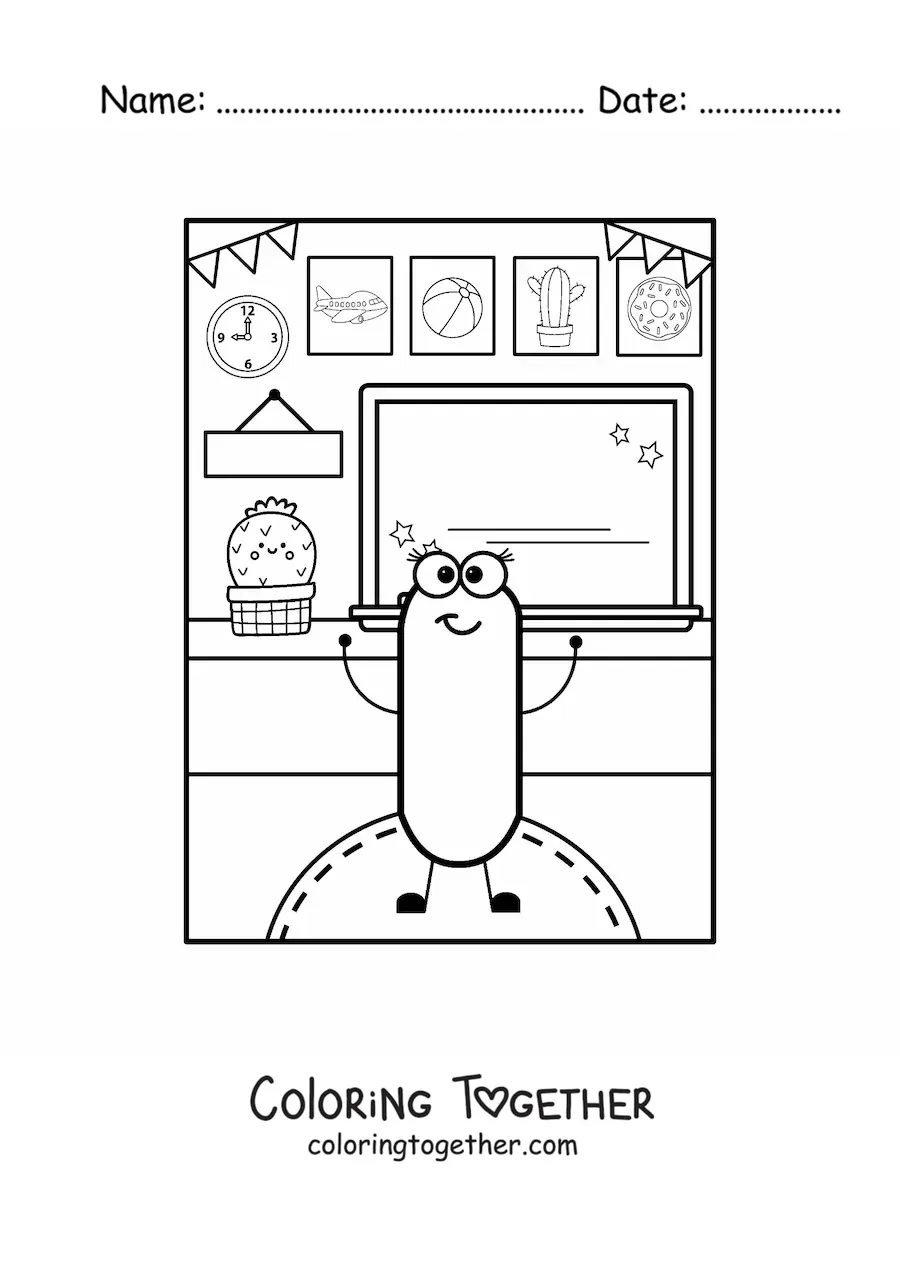 Coloring page of the animated letter i at school