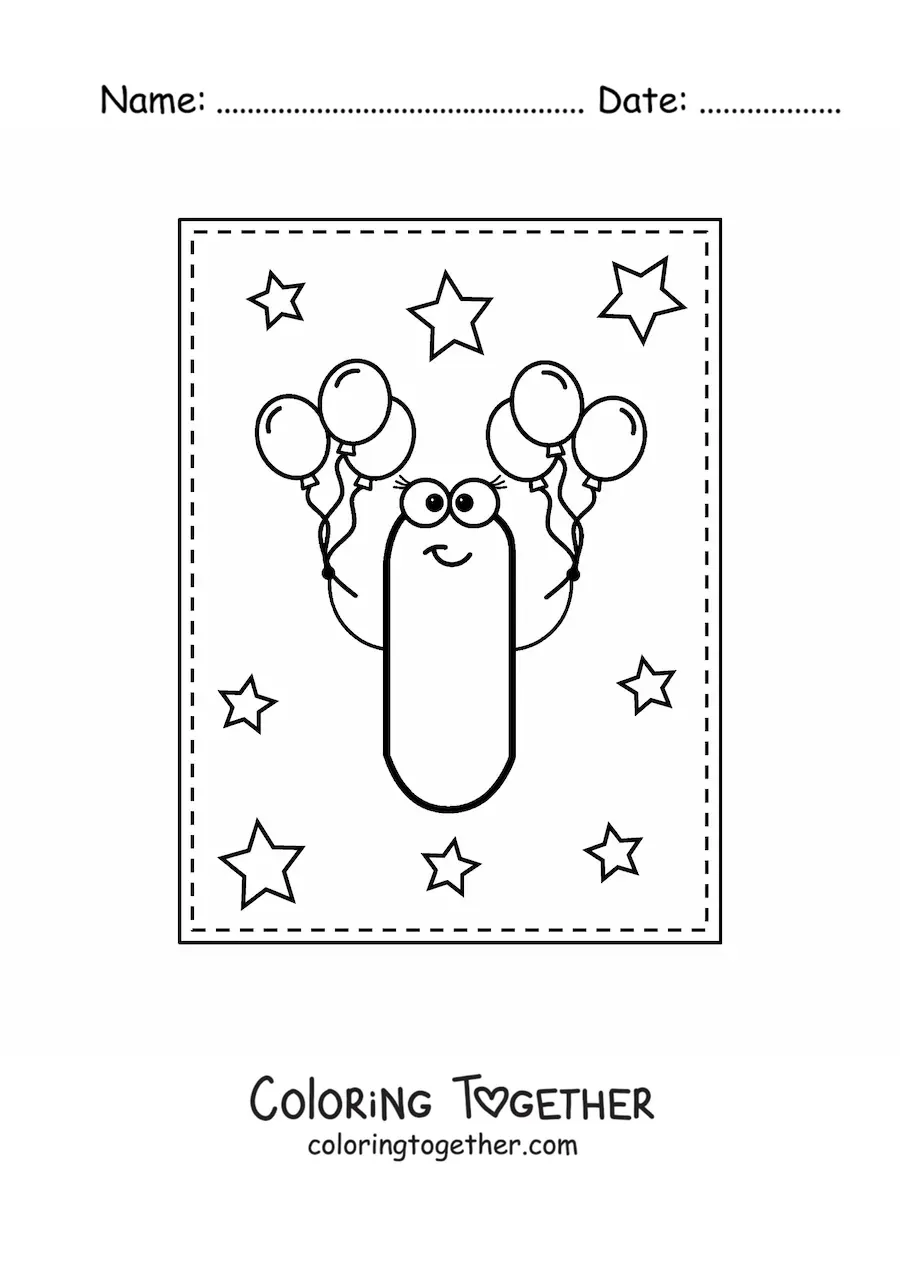 Coloring page of the animated capital letter i with balloons
