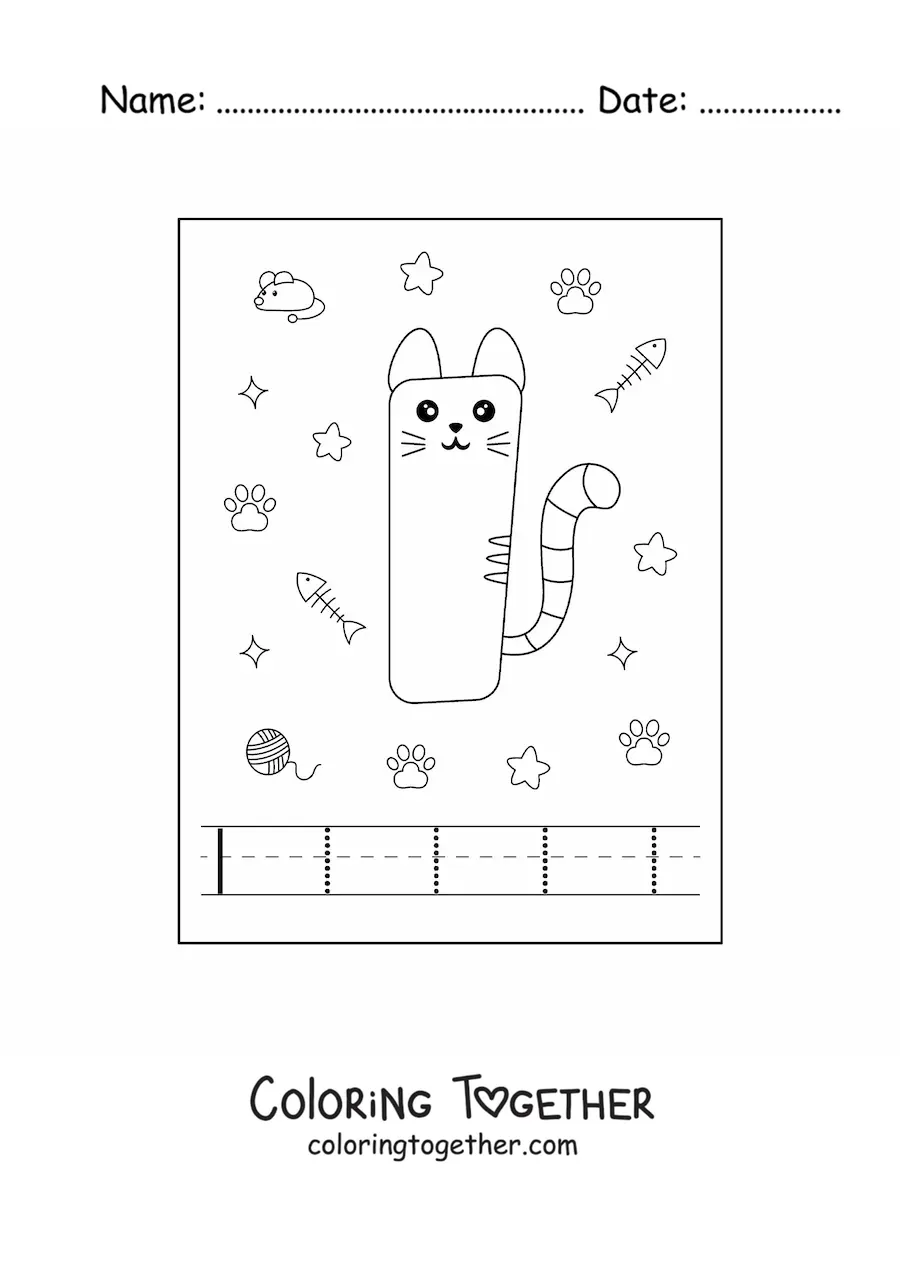 Coloring page of the animated letter i shaped like a cat
