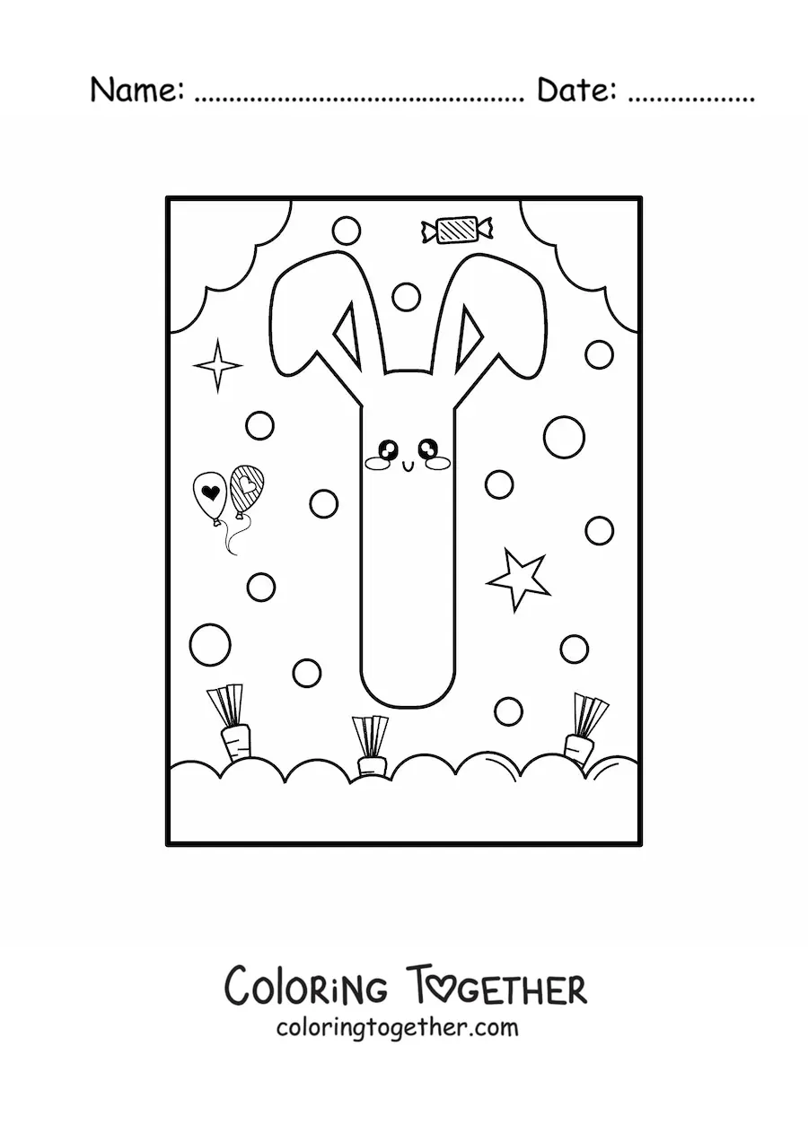 Coloring page of the letter i shaped like an animated kawaii rabbit