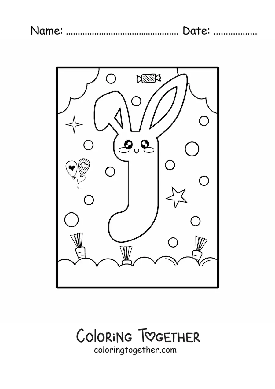 Coloring page of the letter j shaped like an animated kawaii rabbit