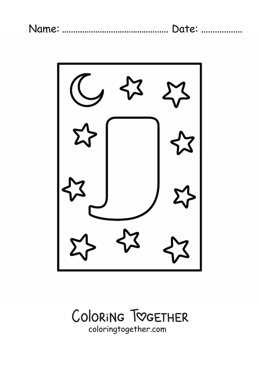 Coloring page of the capital letter j with stars and a moon