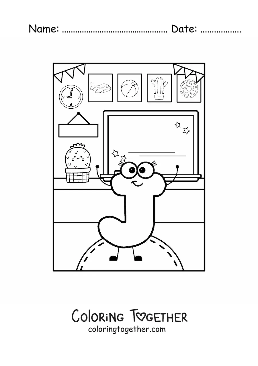 Coloring page of the animated letter j at school
