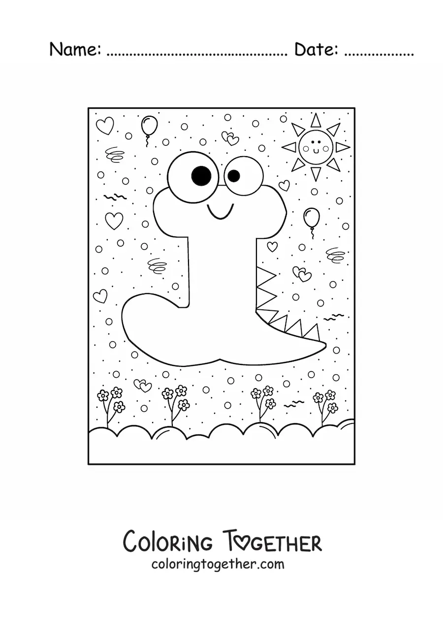 Coloring page of the cartoon letter j shaped like a monster