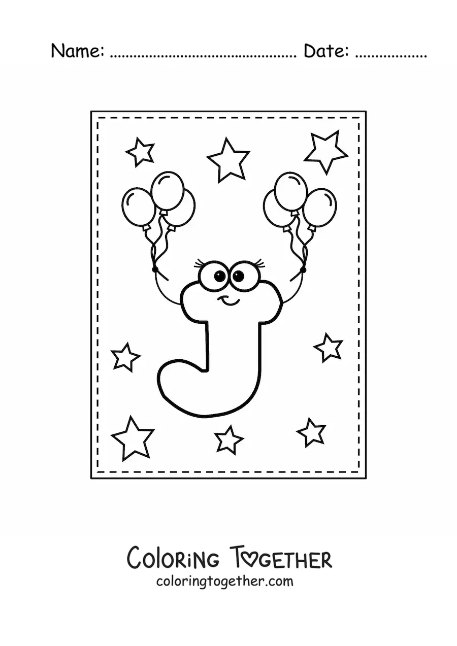 Coloring page of the animated capital letter j with balloons