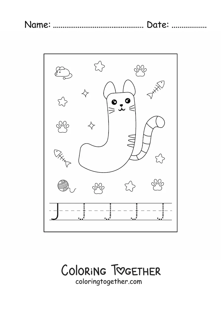Coloring page of the animated letter j shaped like a cat