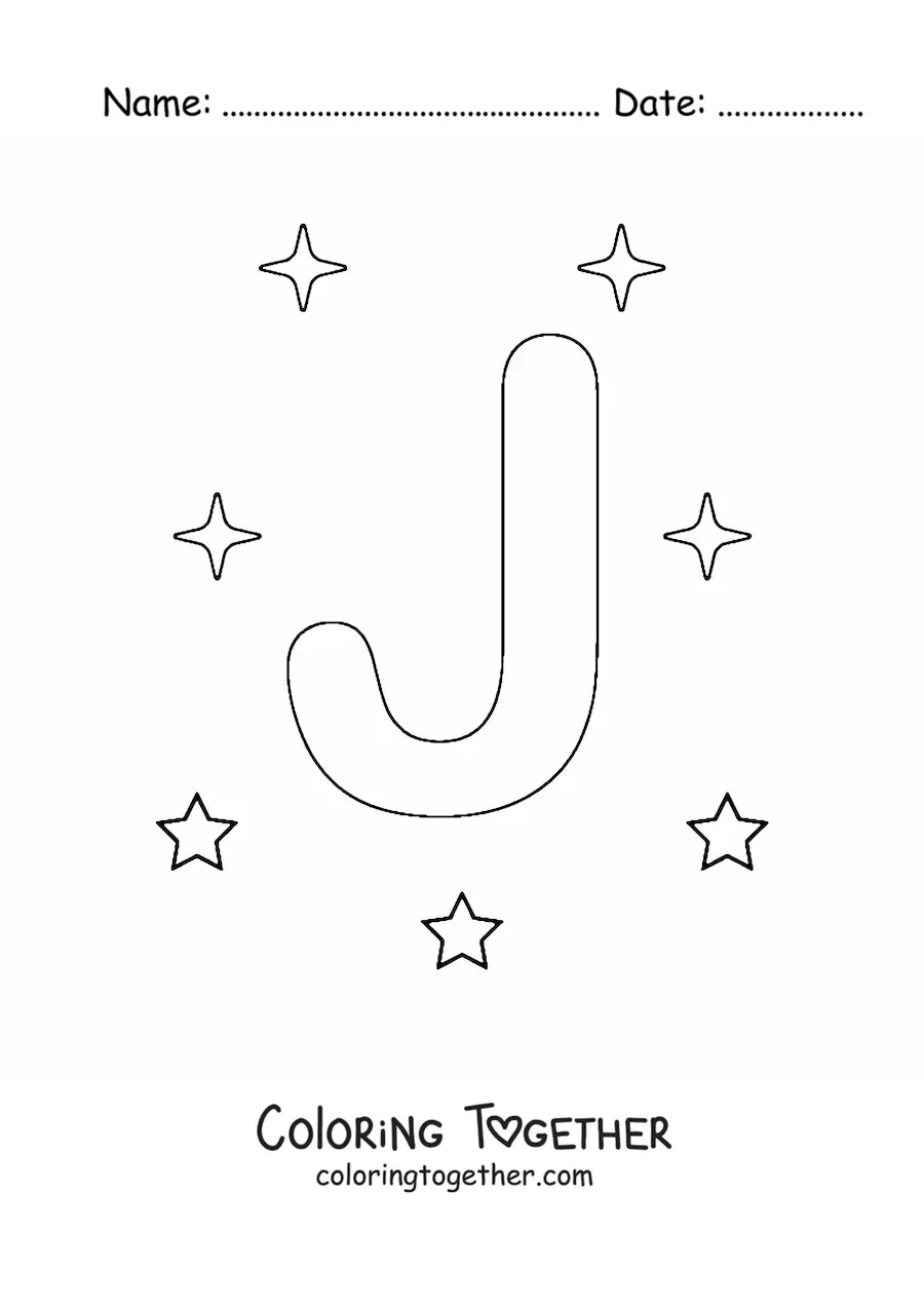 Coloring page of the capital letter j with stars
