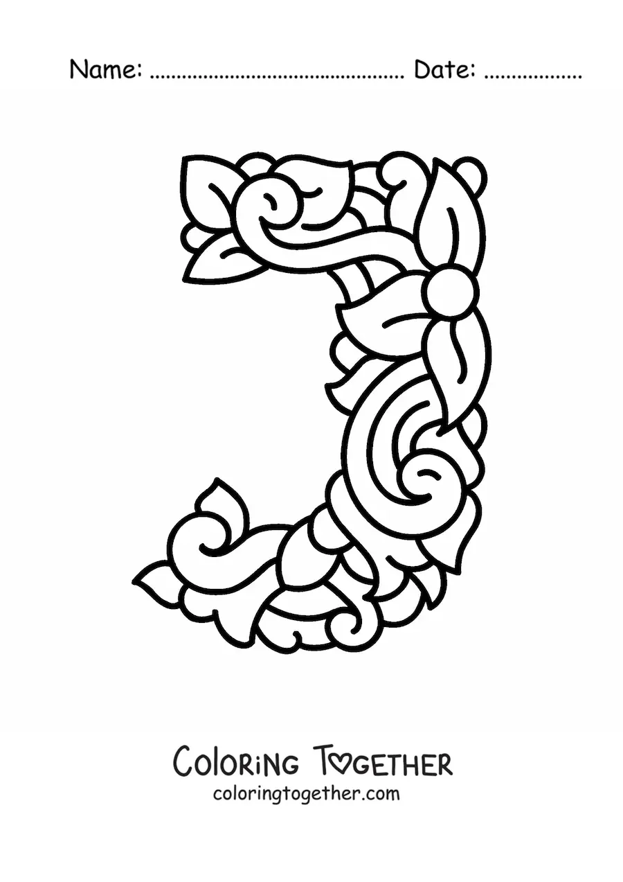 Coloring page of the decorated capital letter j
