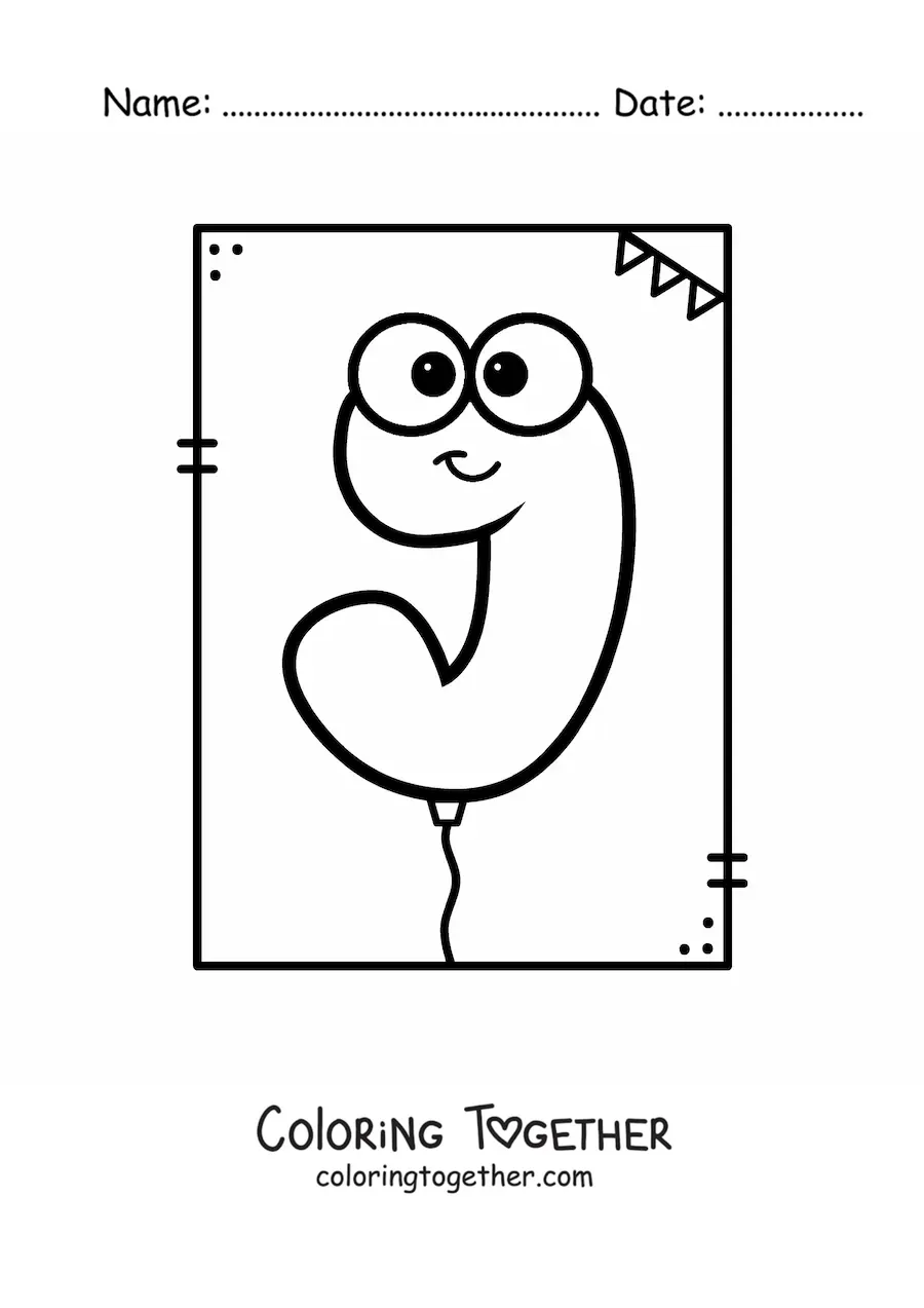 Coloring page of the animated letter j shaped like a balloon
