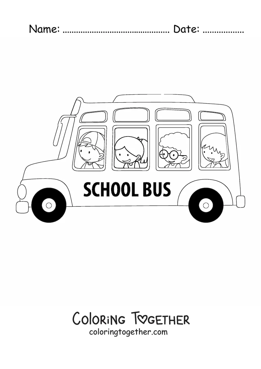 Coloring page of several cartoon students on a school bus