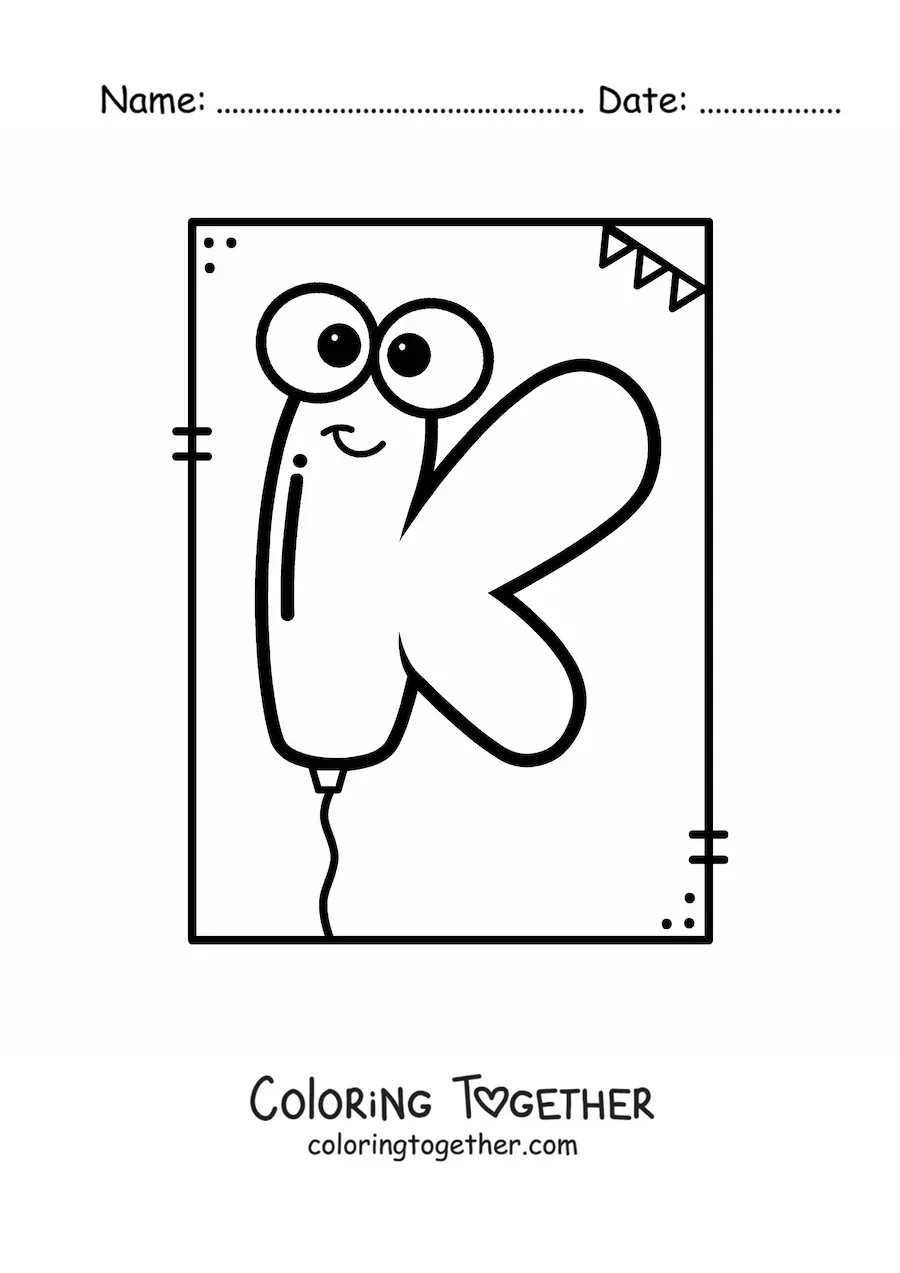 Coloring page of the animated letter k shaped like a balloon