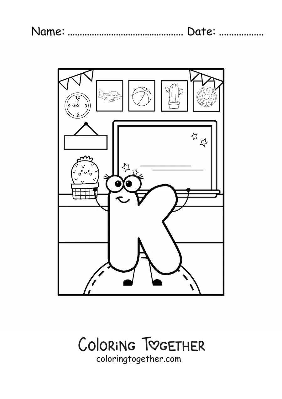Coloring page of the animated letter k at school