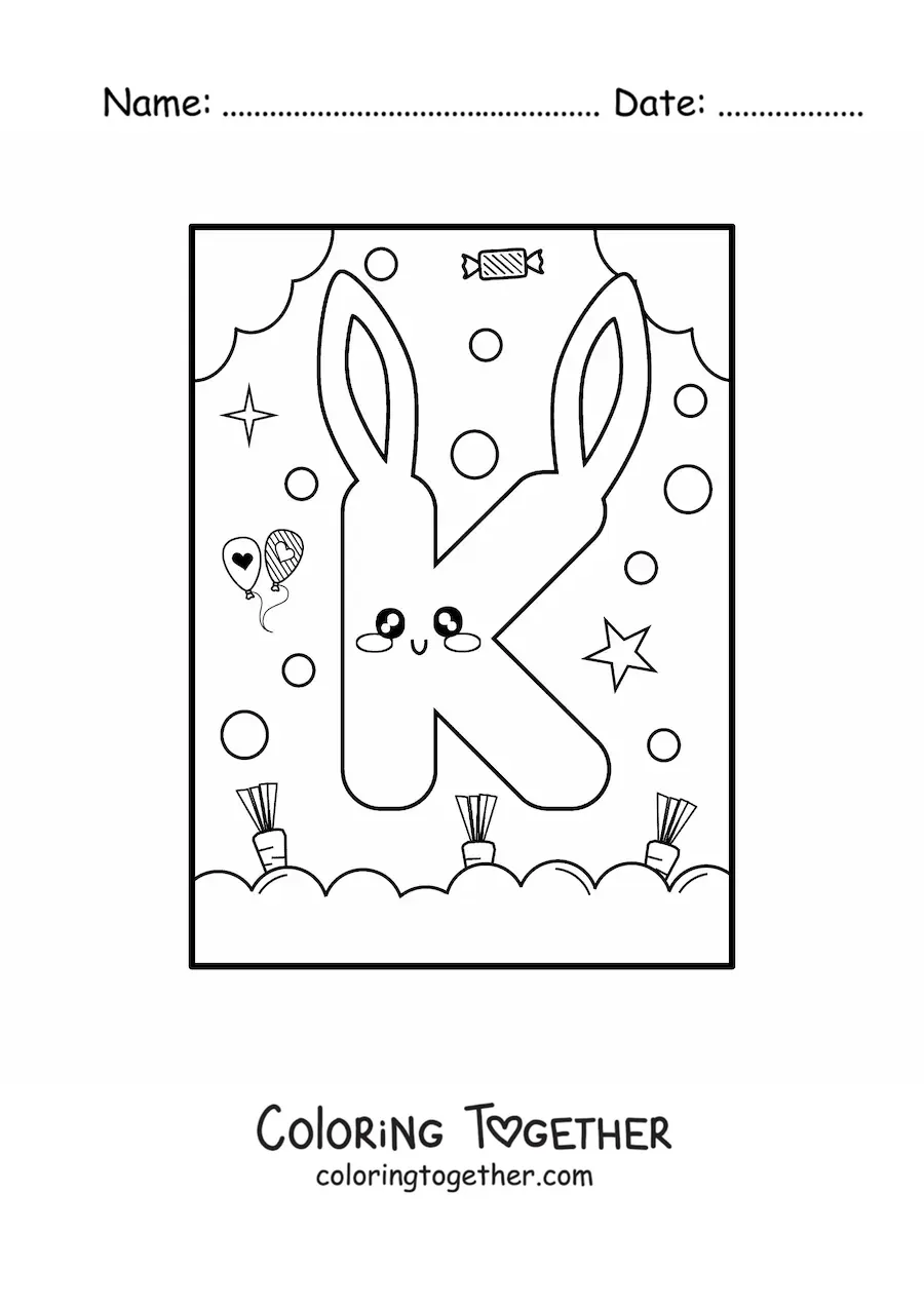 Coloring page of the letter k shaped like an animated kawaii rabbit