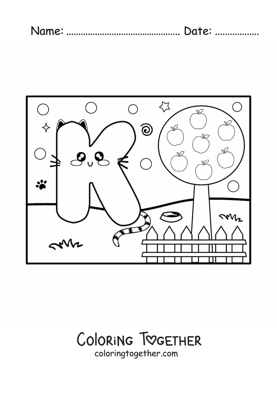 Coloring page of the animated letter k shaped like a cat in the park