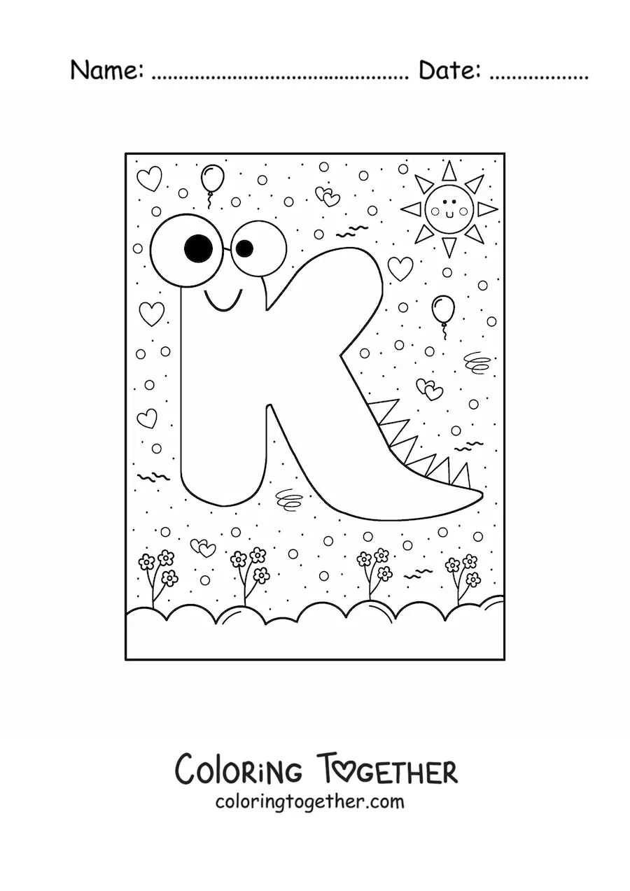 Coloring page of the cartoon letter k shaped like a monster