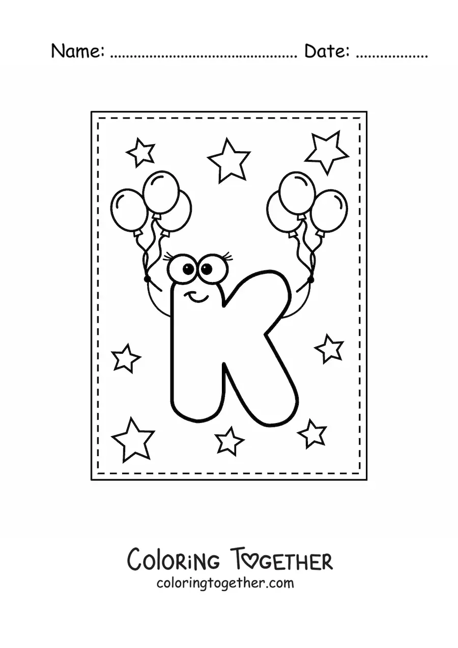 Coloring page of the animated capital letter k with balloons