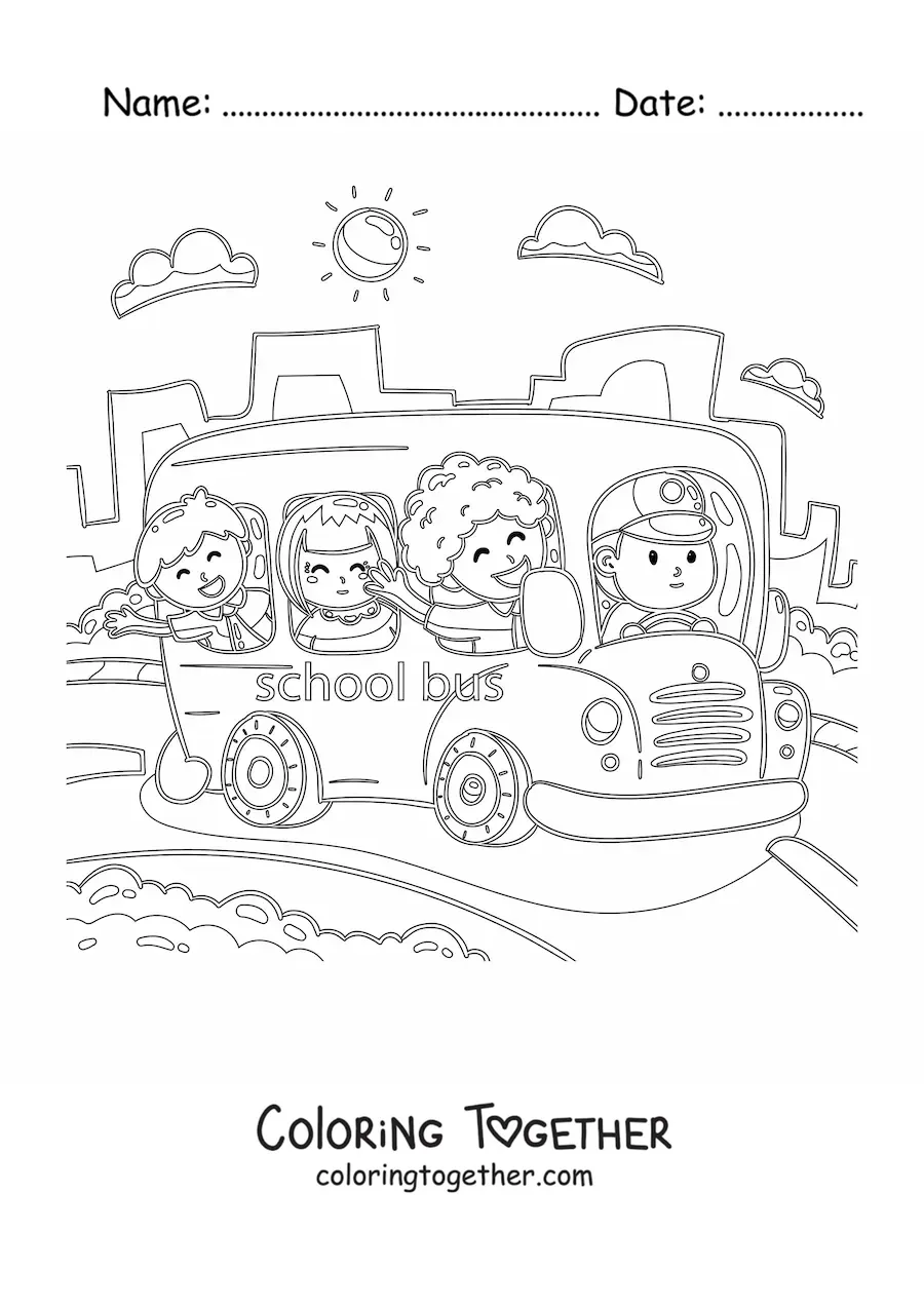 Coloring page of several happy cartoon students on a school bus