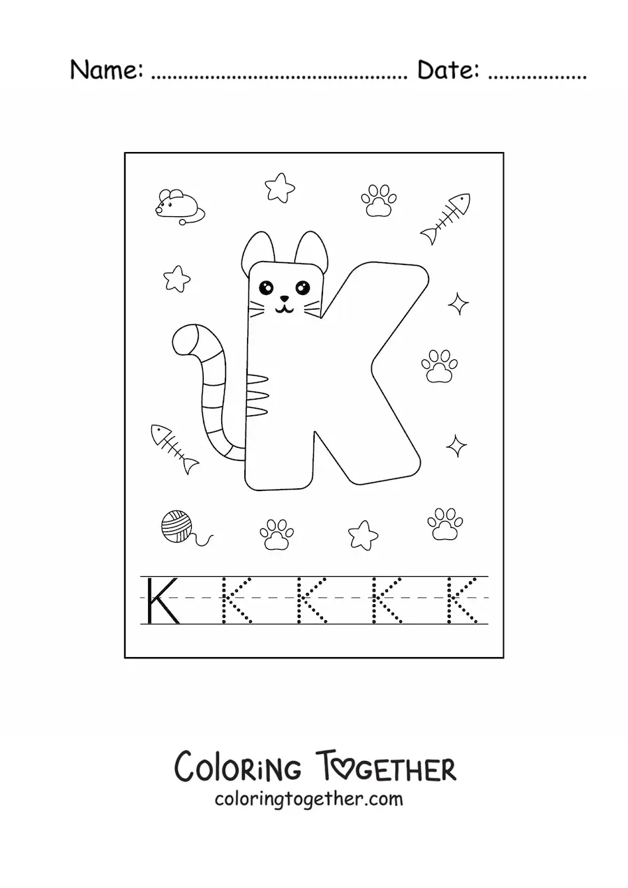 Coloring page of the animated letter k shaped like a cat