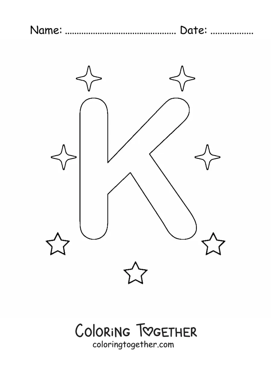 Coloring page of the capital letter k with stars